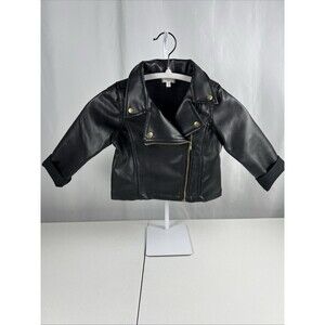 Tahari Girl Black Faux Leather Jacket Size 4T Full Zip Long Sleeve Moto Biker